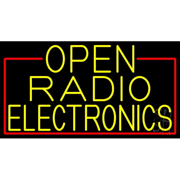 Yellow Open Radio Electronics With Red Border LED Neon Sign 20 x 37 - inches, Clear Edge Cut Acrylic Backing, with Dimmer - Bright and Premium built indoor Neon Sign for Computer & Electronics store.