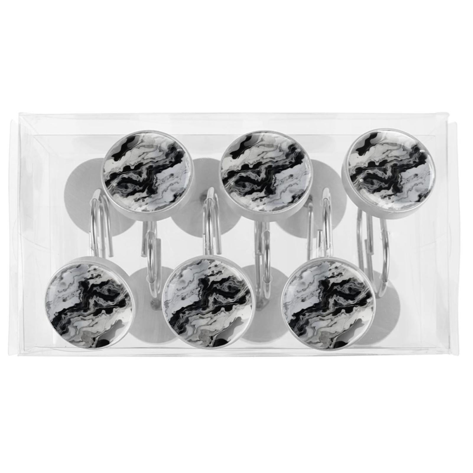 Marble Texture Shower Curtain Hooks （Set of 12） for Home Hotel Shower Rods Bathroom Crystal Glass Print Stainless Steel Round Curtain Hooks