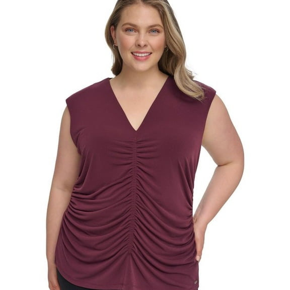 Calvin Klein Womens Shirred Front Sleeveless Blouse Top, Purple, Plus Size, 0X