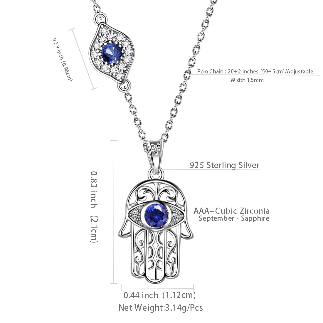 Hipunk Hamsa Necklace 925 Sterling Silver Hand of Fatima Blue Evil Eye Necklace Third Eye Lucky Amulet Jewelry Christmas Birthday Gifts for Women Men