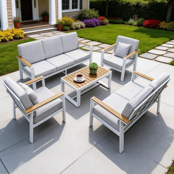 Aluminum Patio Furniture Set,7 Seat Outdoor Conversation Set with Thick Cushions and Coffee Table,Modern Metal Patio Sofa Set White
