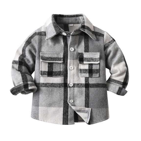 Ydojg Toddler Boys Tops Girls Shirt Coat Jacket Plaid Long Sleeve Kids Lapel Button Tops Outwear Light Gray 7-8 Years