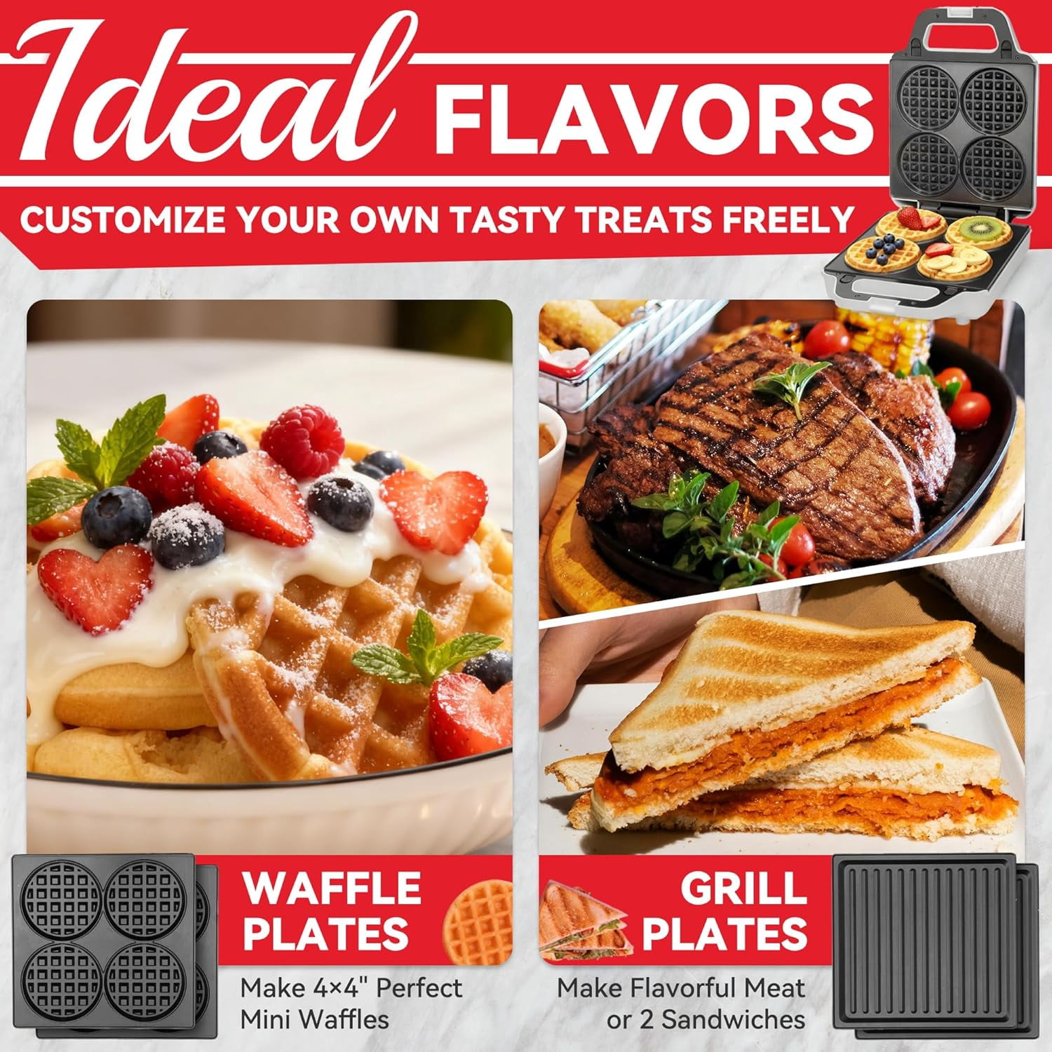 2 in 1  Waffle Maker with Removable Plates,  Press Sandwich Maker for Kids and Families, White