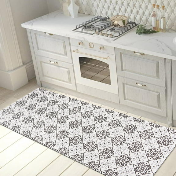 World Rug Gallery Contemporary Tile Anti Fatigue Kitchen, Laundry Room, Comfort Indoor Mat, Door Mat - Cream 18"x47"