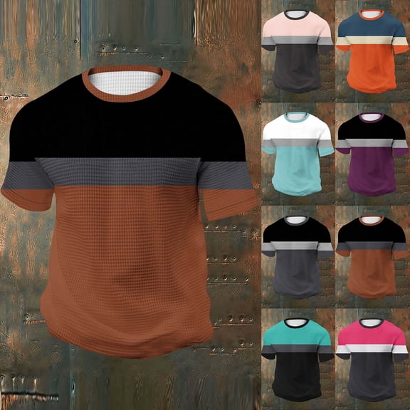 Hfnxid Men's Big and Tall T Shirts Waffle Short Sleeve Shirt Color Block Stretch Sport Tops Casual Lightweight Basic Tee Shirts Light Blue S