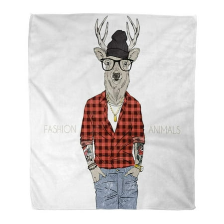 White Furry Blanket SIDONKU Throw Blanket Warm Cozy Print Flannel Hipster Deer Dressed Up in Plaid Furry Anthropomorphism Comfortable Soft for Bed Sofa and Couch 50x60 Inches ()