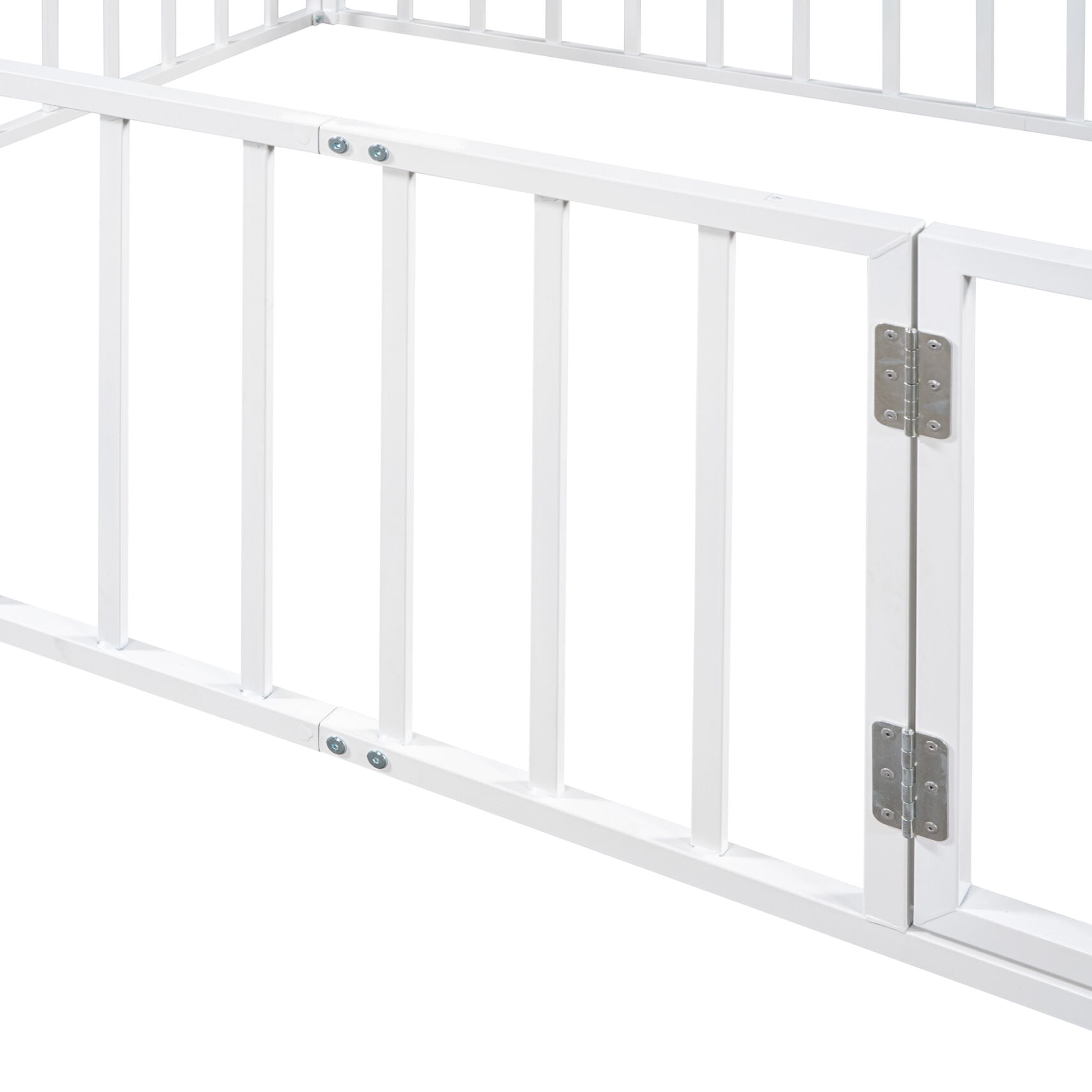 Queen Size Metal Floor Bed for Kids, Queen Montessori Bed Frame with Fence and Door, Queen Playhouse Bed with Door Design, Kids Fence Bed Playpen Bed for Boys ,Girls, White
