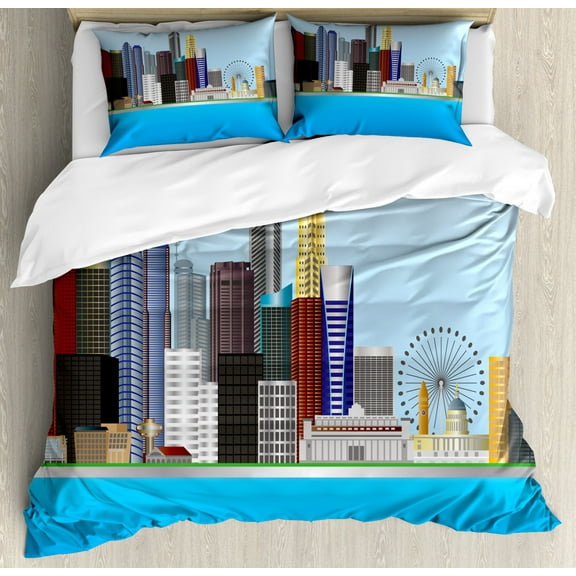Singapore Duvet Cover Set King Size, Digitally Generated Illustration of Modern Urban Buildings Skyline and River, Decorative 3 Piece Bedding Set with 2 Pillow Shams, Multicolor, by Ambesonne