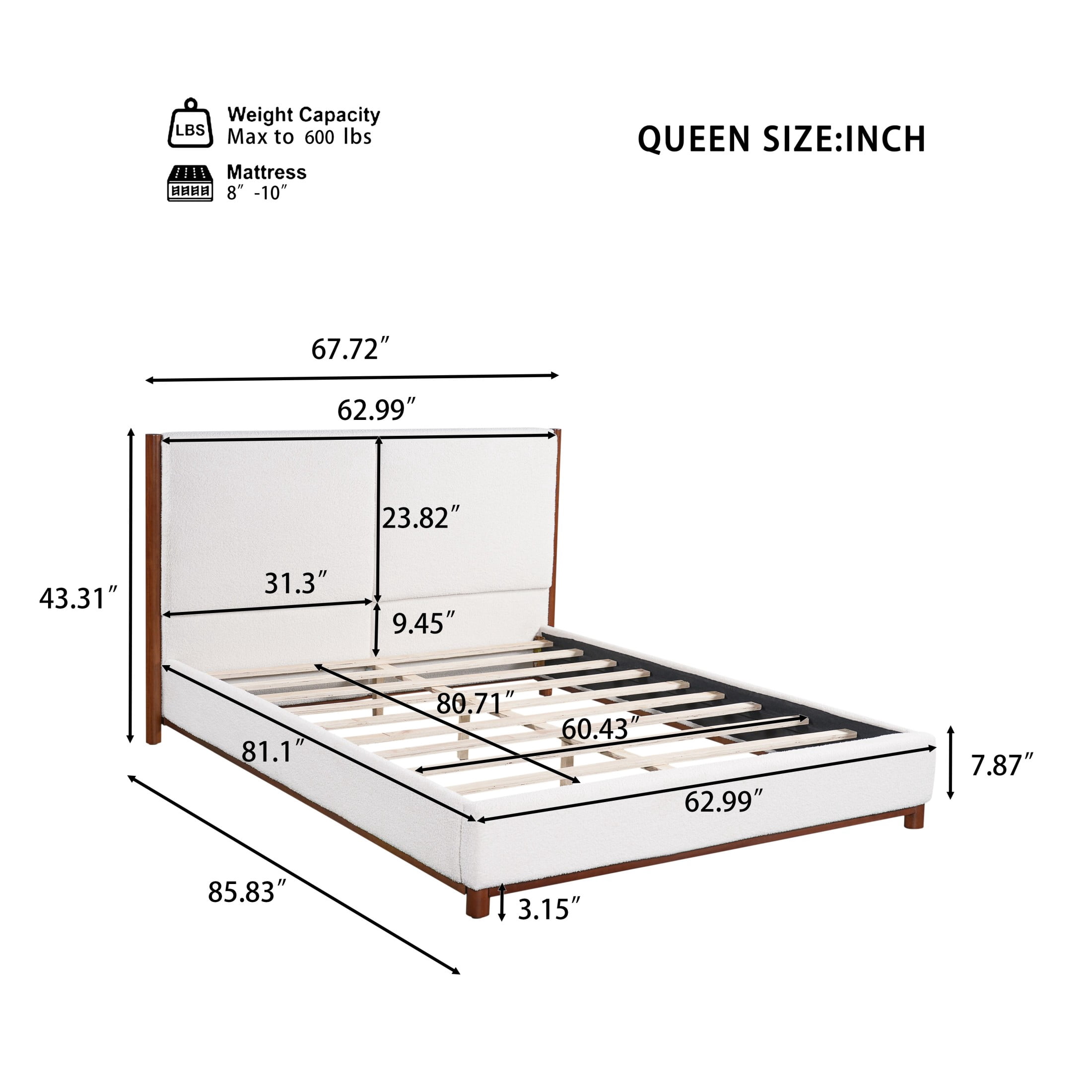 Christopher Knight Home Modern Queen Upholstered Platform Bed Frame with Headboard, Walnut+White