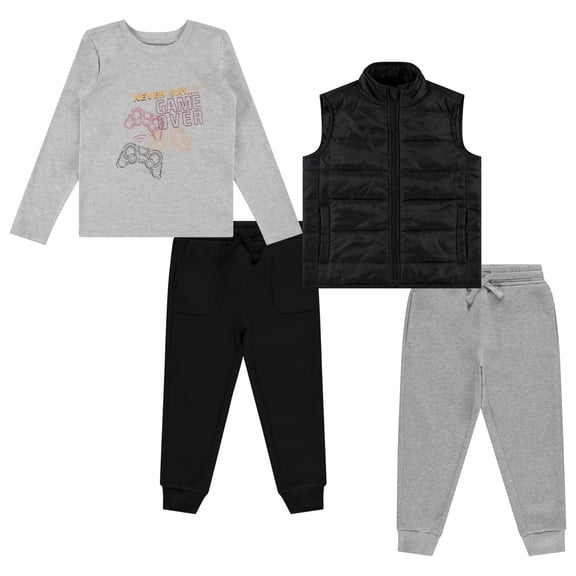 STITCH & STONE 4-Piece Toddler Boys' Outfit Set – Long Sleeve Dinosaur Graphic Shirt, Puffer Vest, and 2 Jogger Sweatpant