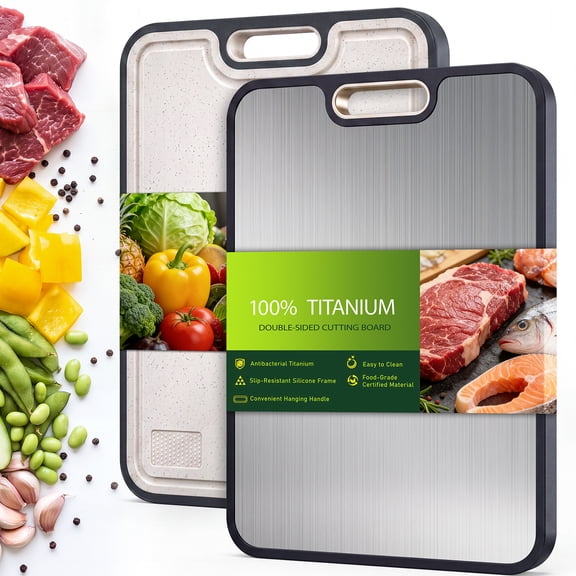 Titanium Cutting Board, Metal Cutting Boards for Kitchen, Double Sided Titanium & PP, Food Grade Chopping Board for Meat & Vegetables, Non-Slip Edge, Easy to Clean, Large 15.1”×10.4”, 1 Pack