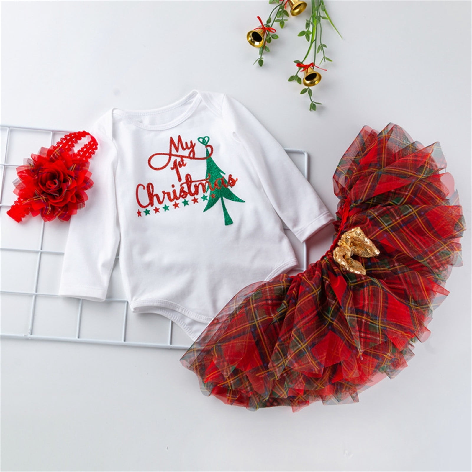 gcong My First Christmas Baby Girl Outfit Long Sleeve Romper Dress Santa Elk Dresses Fall Winter Clothes with Bowtie