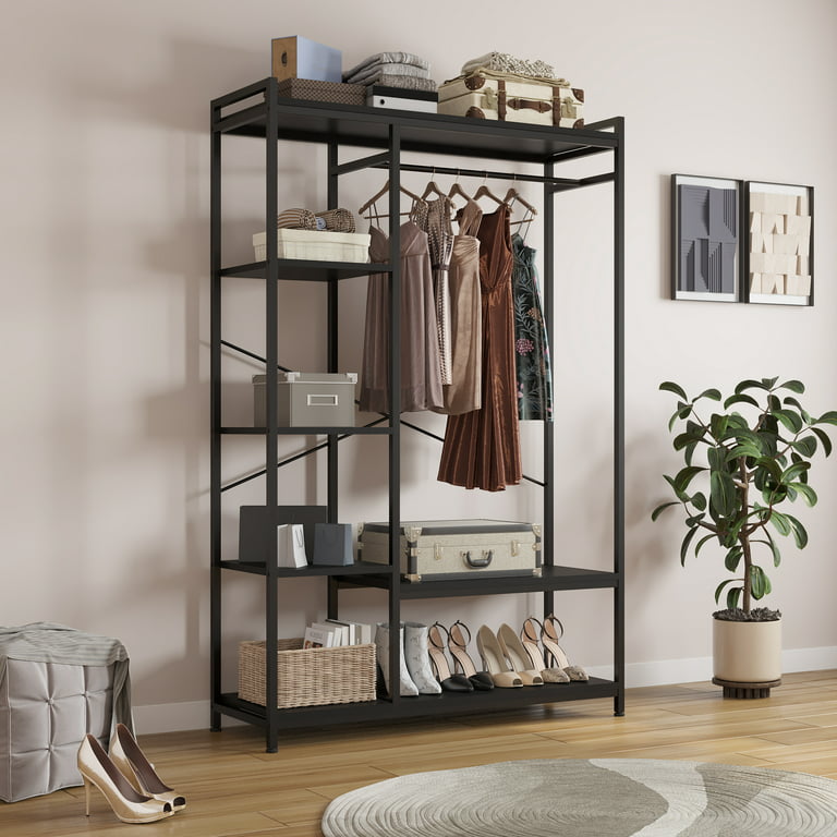 LITTLE TREE Free-standing Closet Organizer, Heavy Duty Clothes Closet,  Portable Garment Rack with 6-tier Shelves and Hanging rod, Black Metal  Frame 