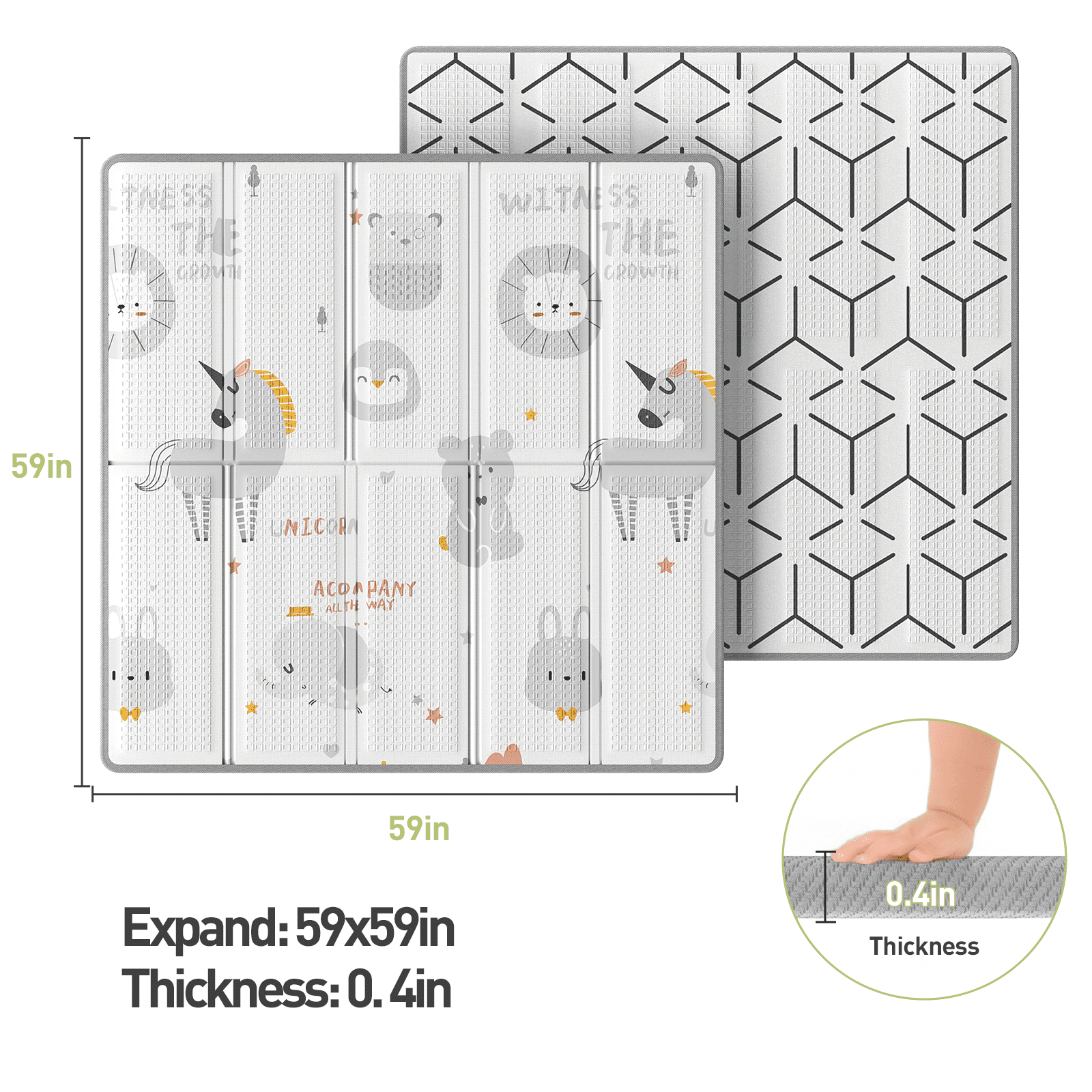 Baby Play Mat, 59"x59" Foldable & Reversable Large Baby Mat, 0.4" Thick Waterproof Foam Play Mat
