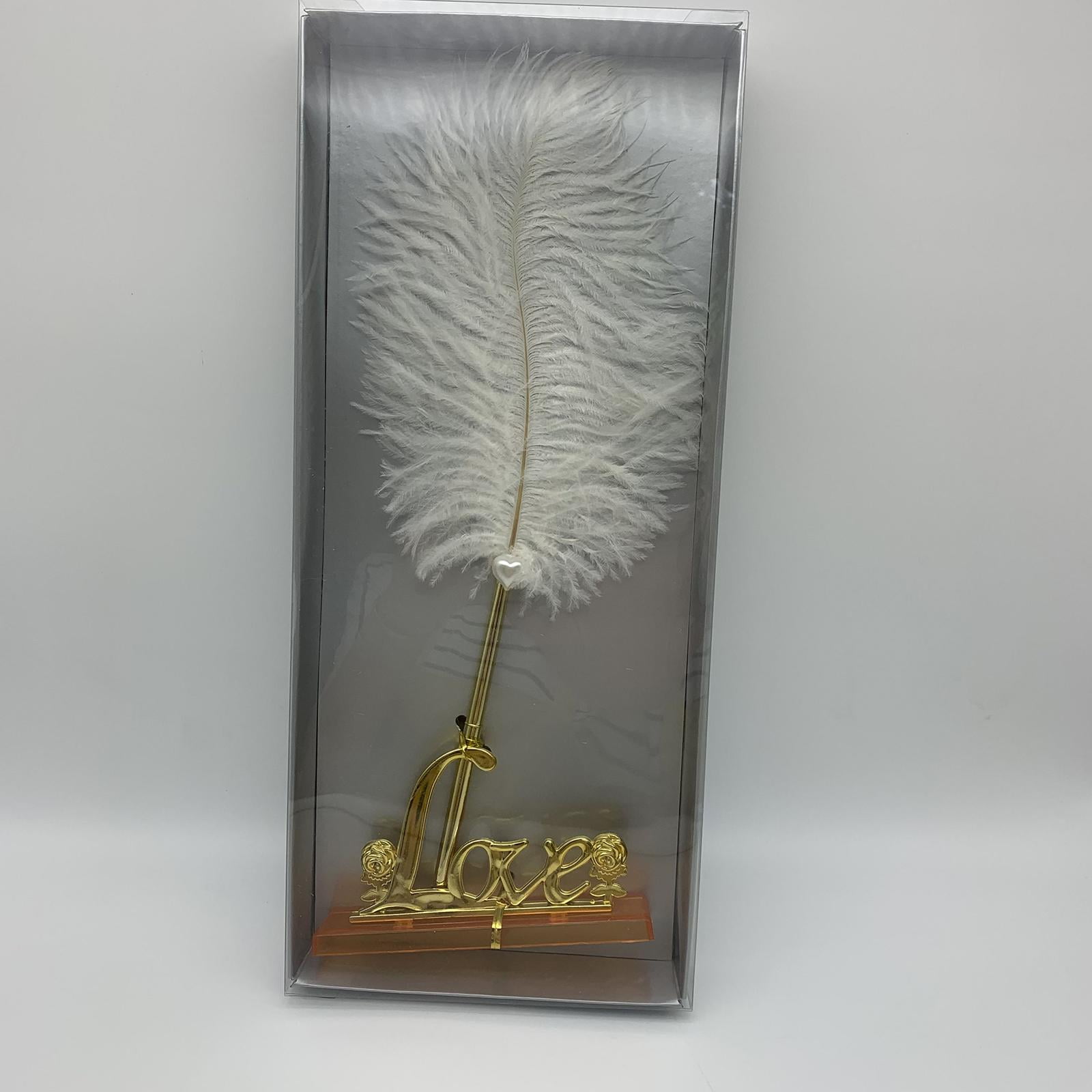 Yunhgft White Feathers Signing Pen with Gold Plated Metal Love Holder Wedding Pen Set