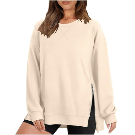 Solid Color Round Neck Split Zipper Loose Fit Pullover Women (2XL Beige)