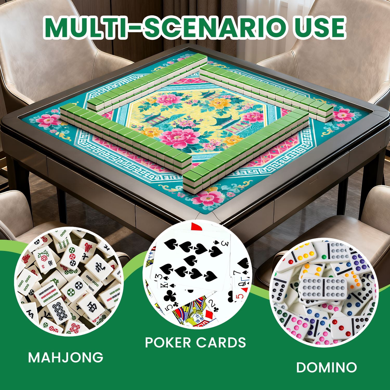 Mahjong Mat 31.5" x 31.5" Geometric Floral Mandala Lotus Flowers Pavilion Motifs Pink Turquoise Non-Slip Noise Reduction Chic Portable Gaming Table Cover for Family Game Night & Gift