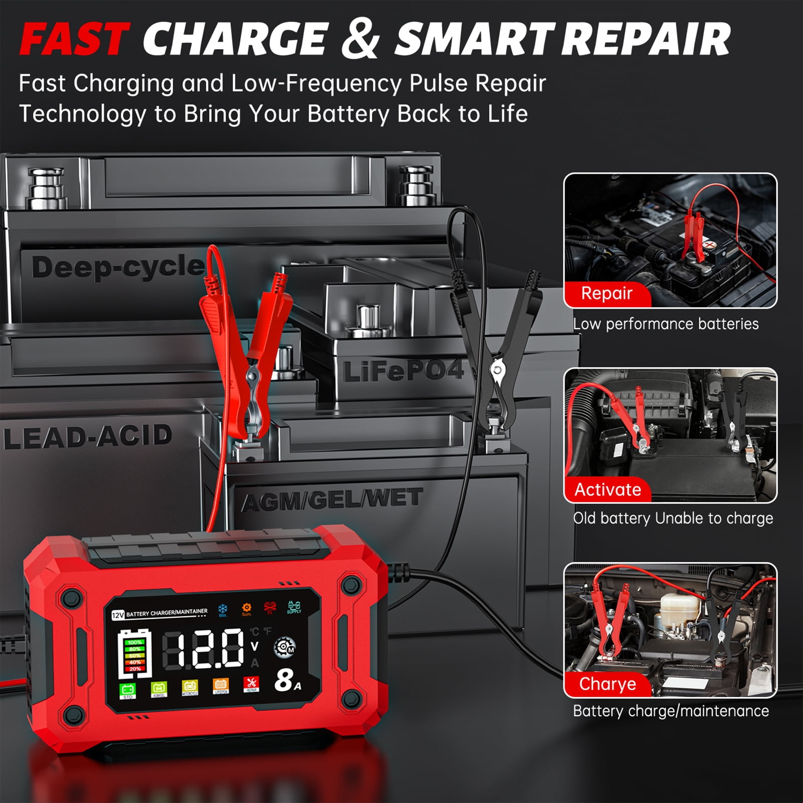 Smart Car Battery Charger, 12V/8A Battery Charger with Increase Color&Touch Screen Display, Temperature Compensation Auto Stop Trickle Charger, Battery Maintainer w/ Multi Modes for Car and Boats