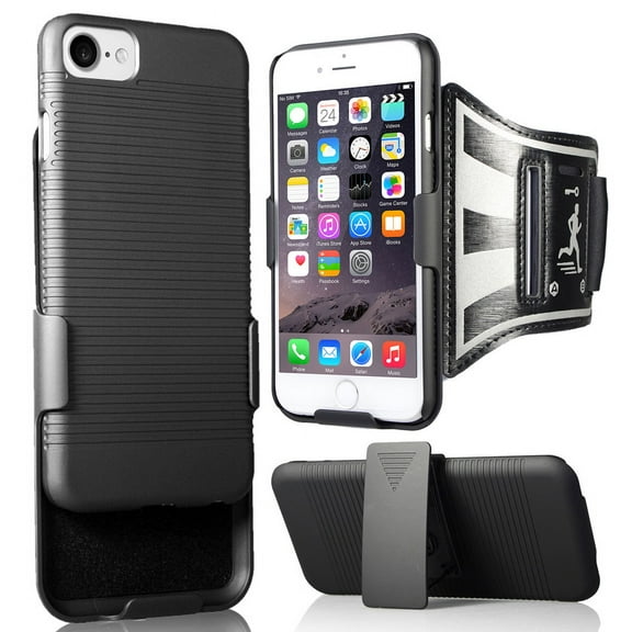 Case   Armband Strap   Belt Clip Combo for iPhone SE 2022/2020, Nakedcellphone Slim Hard Shell Cover with [Rotating/Ratchet] Holster and Armband - Black (also fits iPhone 7, iPhone 8)