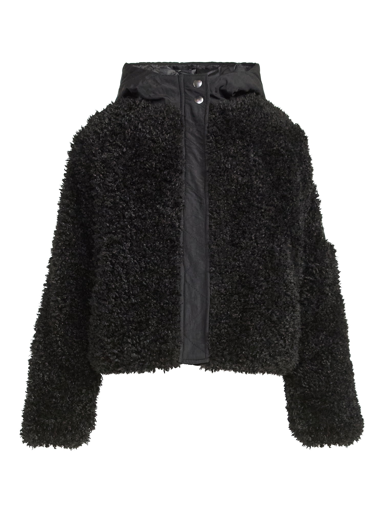 Scoop Women's Mixed Media Teddy Jacket with Hood, Midweight, Sizes XS-XXL