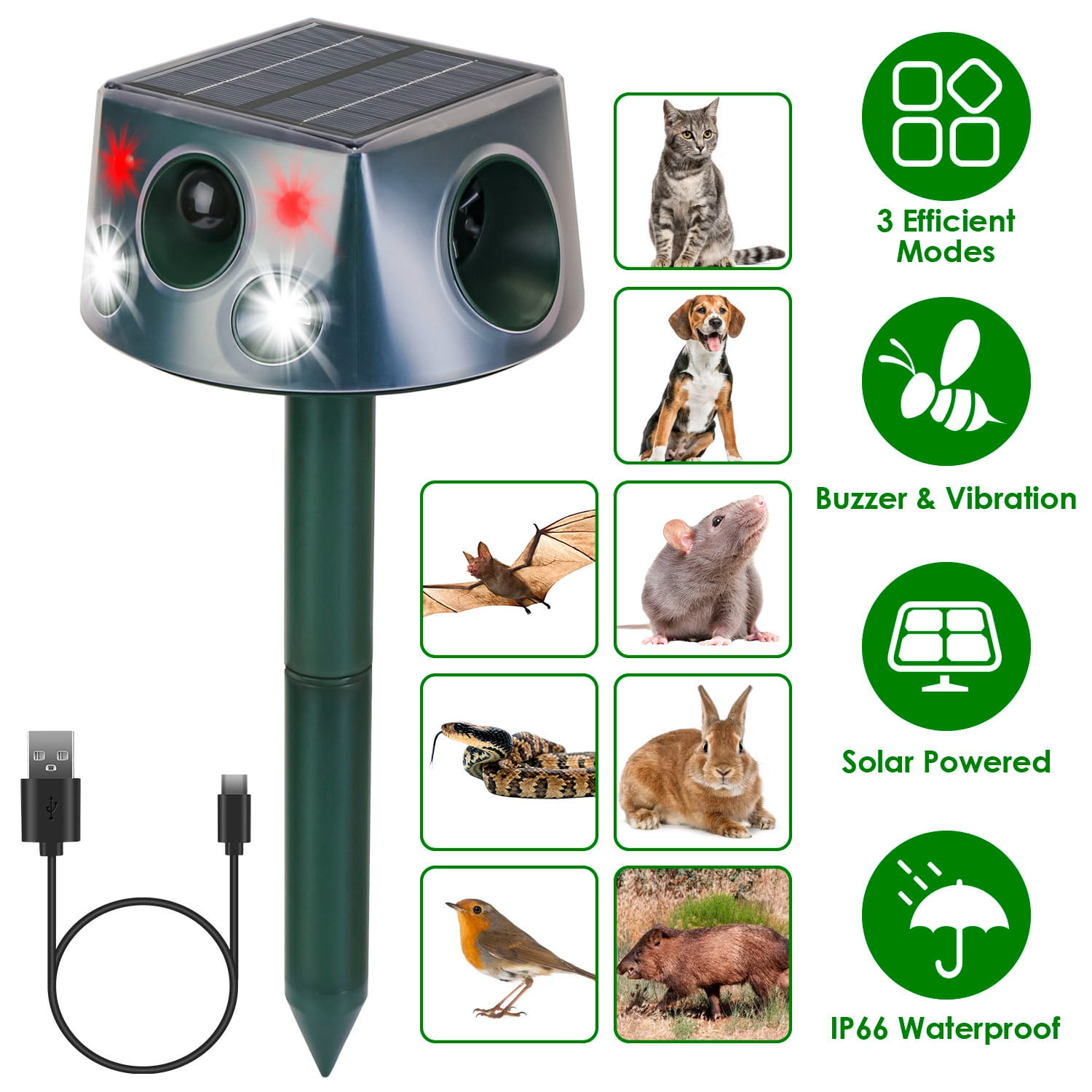 Solar Ultrasonic Animal Repeller Rechargeable 2200mAh Garden Pest Deterrent with Strobe Alarm Vibration IP66 Waterproof Motion Sensor for Moles Bats Squirrels Birds Yard Farm Lawn Outdoor
