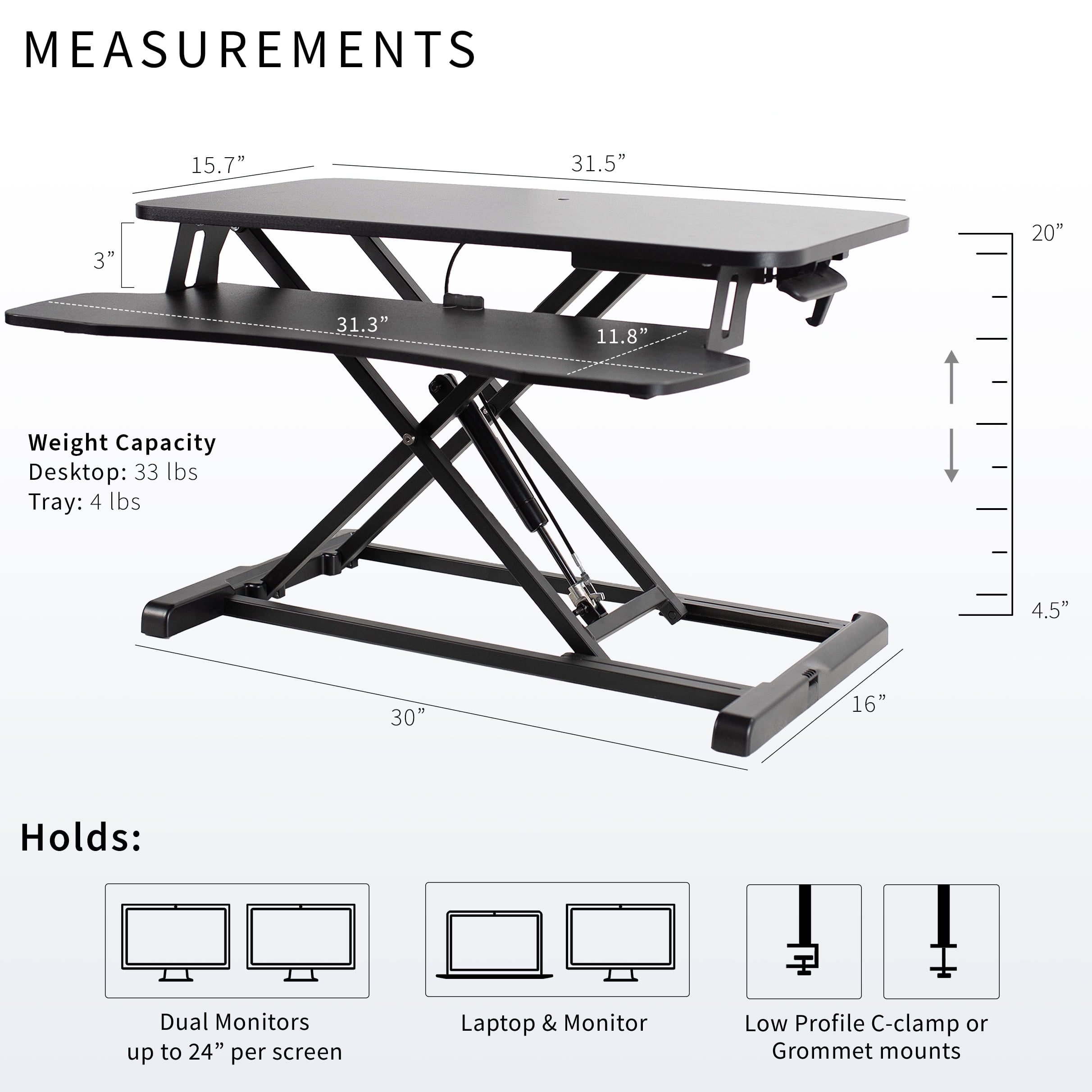 VIVO Black Height Adjustable Standing Desk Monitor Riser 32" Sit Stand Tabletop