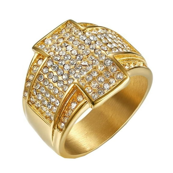 PAMTIER Men's Stainless Steel Jewelry Vintage Hip Hop Trendy Micro Pave CZ Cross Ring Gold Size 8
