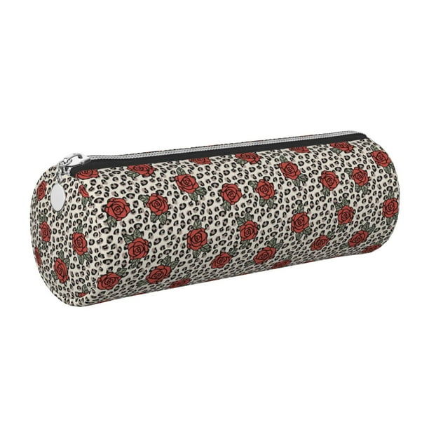 Easygdp Leopard Print Rose para Estuche de Lápices Cilíndrico de Cuero con Cremallera, Organizador de Lápices de Cuero para Escuela, Oficina y Viajes