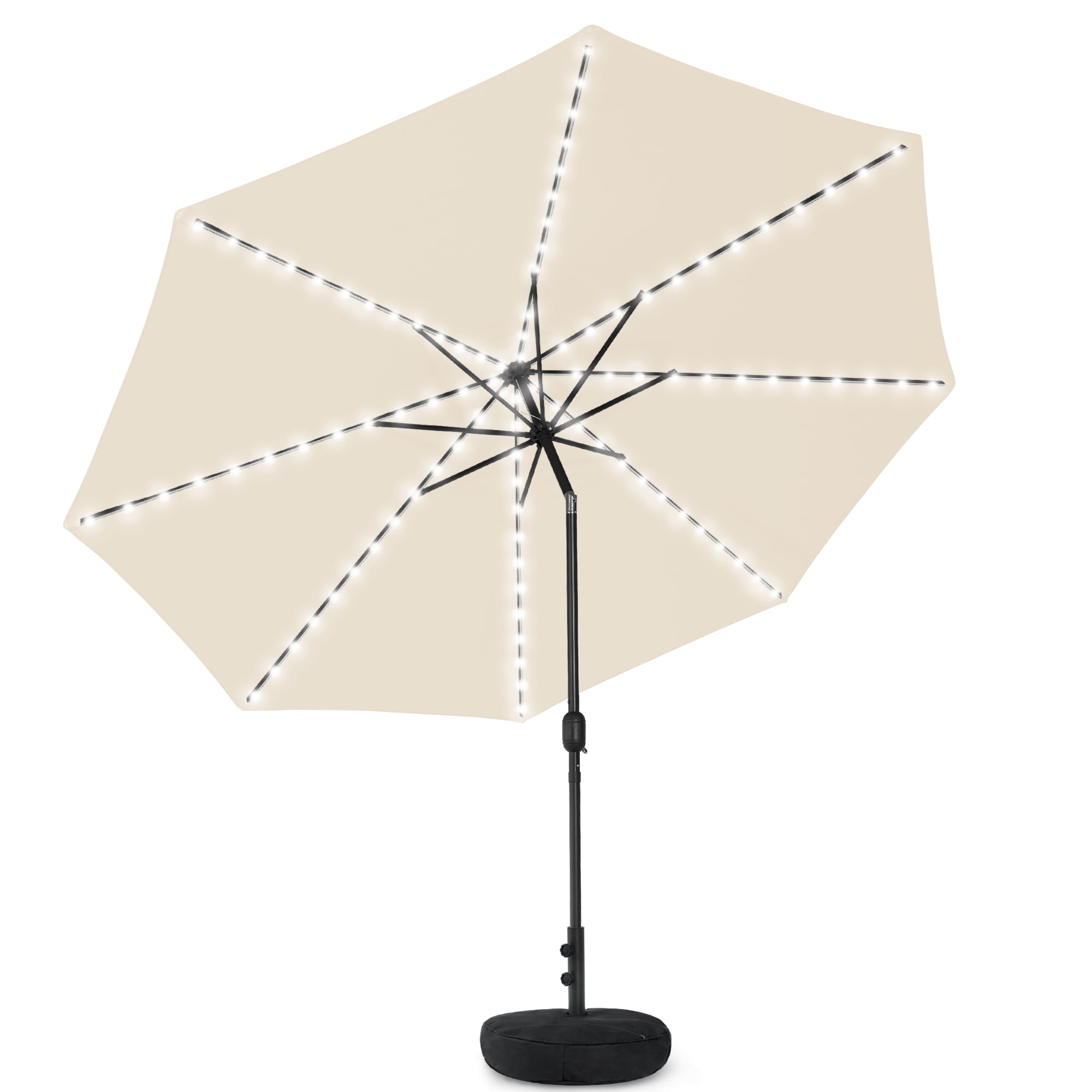 HARBOURSIDE 11ft Solar-Powered Outdoor Umbrella with LED Lights - 13 Solar LED Bulbs, Heavy Duty Base & Sand Bag for Patio/Garden/Poolside, Waterproof UV-Resistant Sun Shade Canopy,Beige