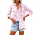 thumbnail image 3 of Camisas A Rayas con Botones para Mujer, Blusas Casuales de Larga con Cuello en V y Bolsillos Rosa XL, 3 of 7