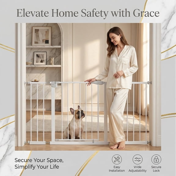 Extra Wide Pressure Mounted Dog Gate for Stairs & Doorways, 29.5-44.1" Adjustable Metal Pet Gate, No Drilling Walk Through Safety Gate with Auto-Close Door, Indoor Fence for Small Medium Dogs, White