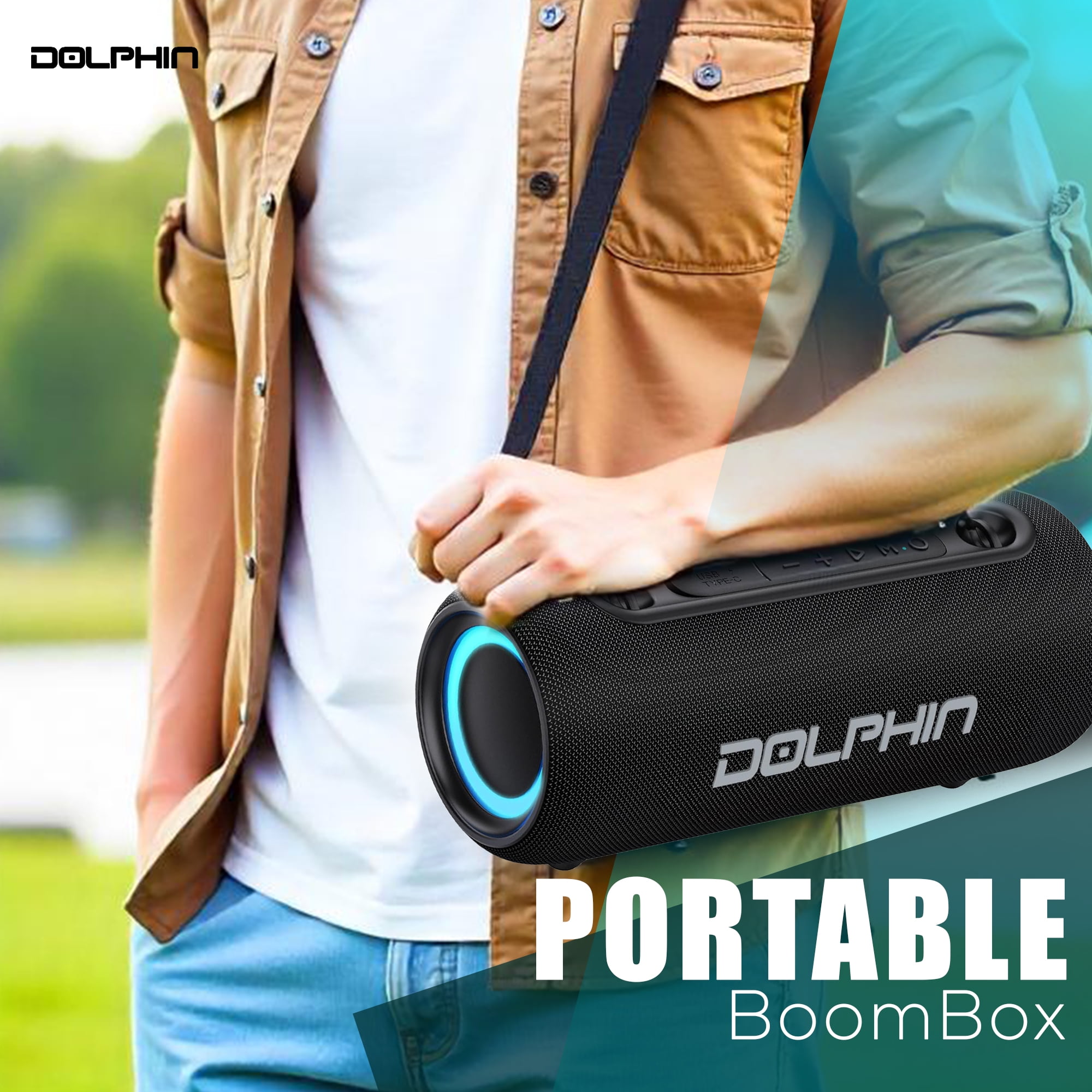 Dolphin LX-30 Waterproof Bluetooth Speaker, 26W Loud Portable Boombox, Water Resistant IPX5, Long-Lasting Battery, Bass, 5.3, Pool, Shower, Beach, Outdoor w Shoulder Strap, Rechargeable
