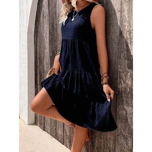 Navy Blue Sleeveless Round Neck Smocked Woven Midi Dress With Flounce Hem For Women