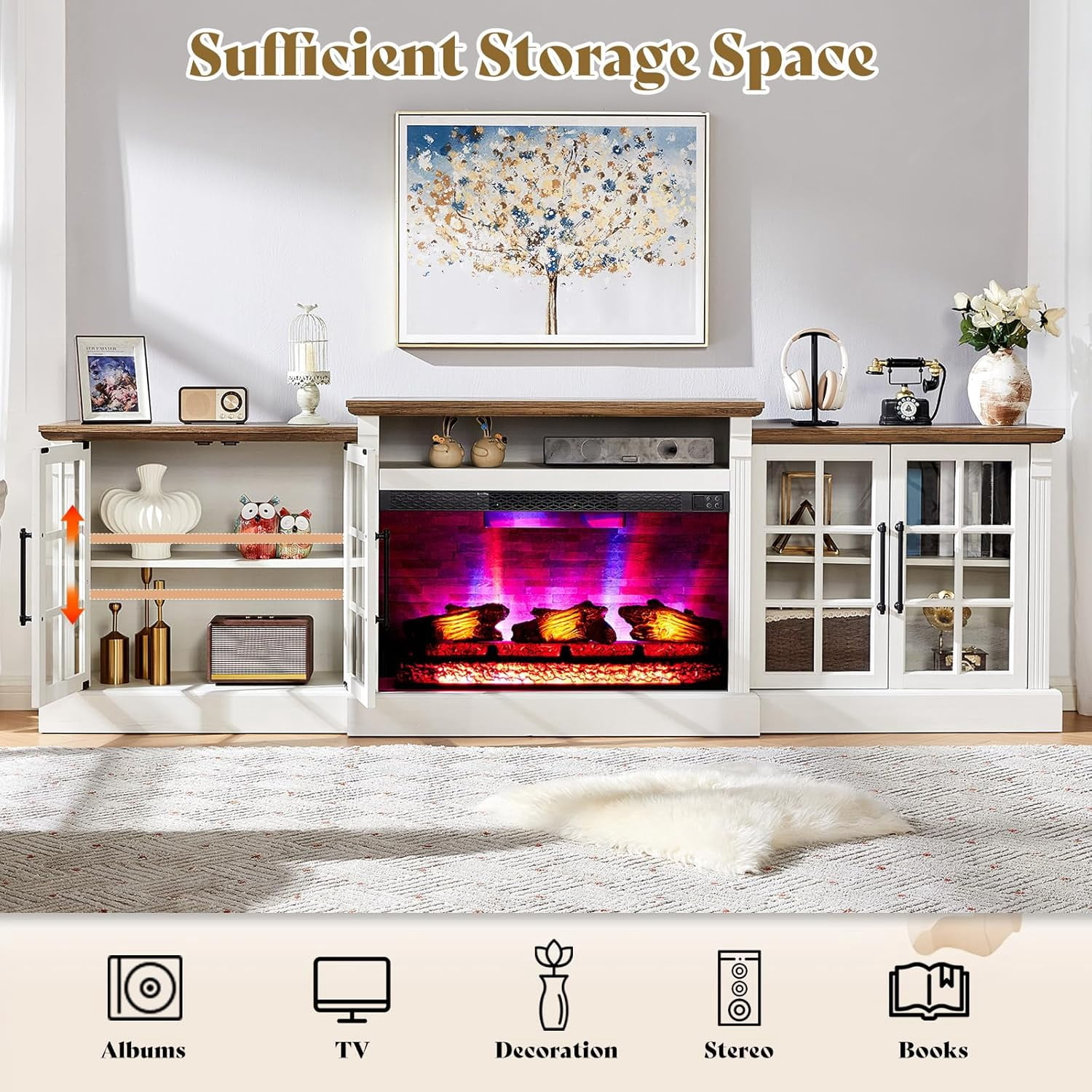 Merluxy 97" Farmhouse Fireplace TV Stand, Entertainment Center with Large Storage Space and Adjustable Shelf for Living Room, White