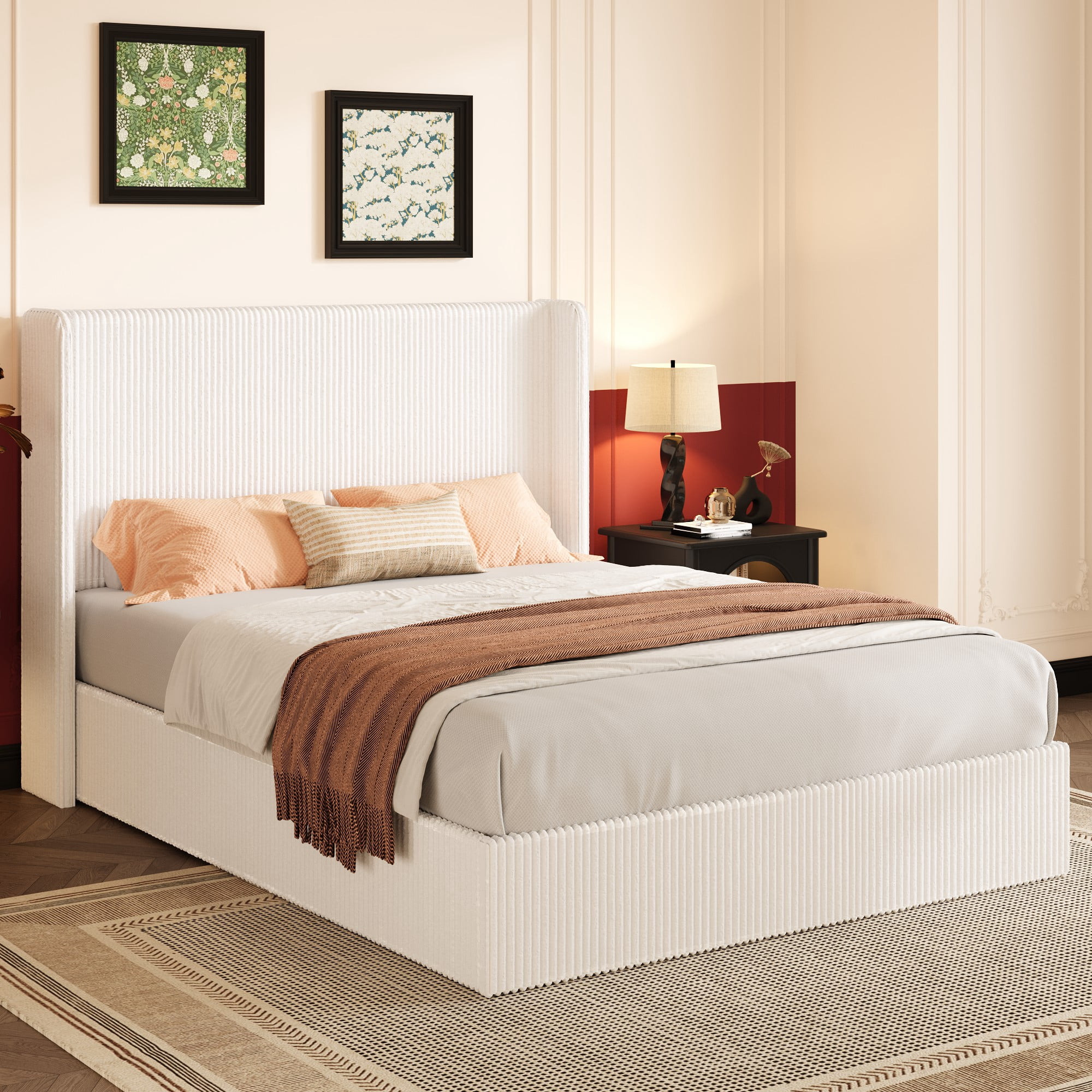 Einfach Queen Size Hydraulic Lift Up Storage Bed Frame, Corduroy Upholstered Wingback Headboard, Ample Under-bed Storage, White
