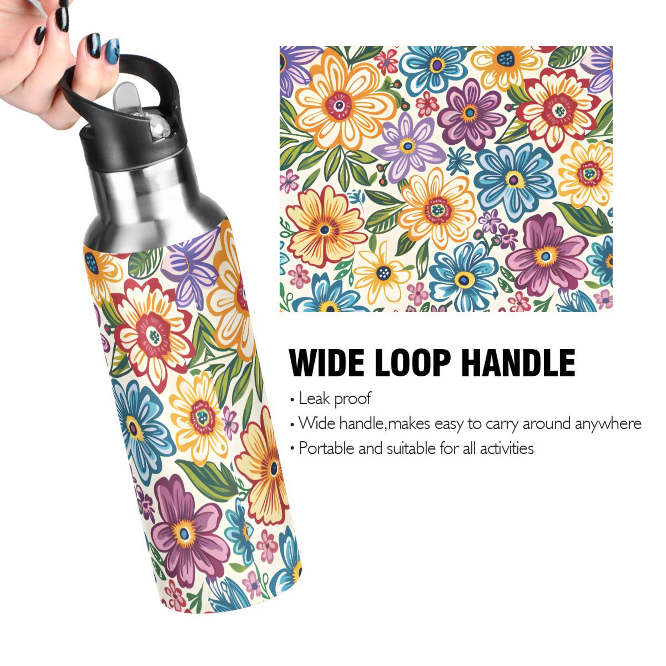 Colorful Floral Print Flowers Sports Water Bottle with Straw Lid Insulated Stainless Steel Leak Proof BPA Free Thermal Mug with Handle for Gym Yoga Cycling Camping
