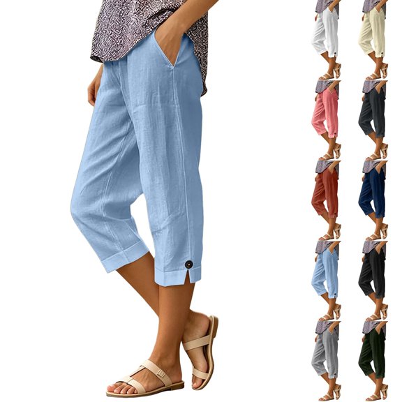 Shadoumai Capri Pants for Women Summer Casual Cropped Linen Pants Pull on Elastic Waist Side Pockets Bottoms Button Hem Trousers