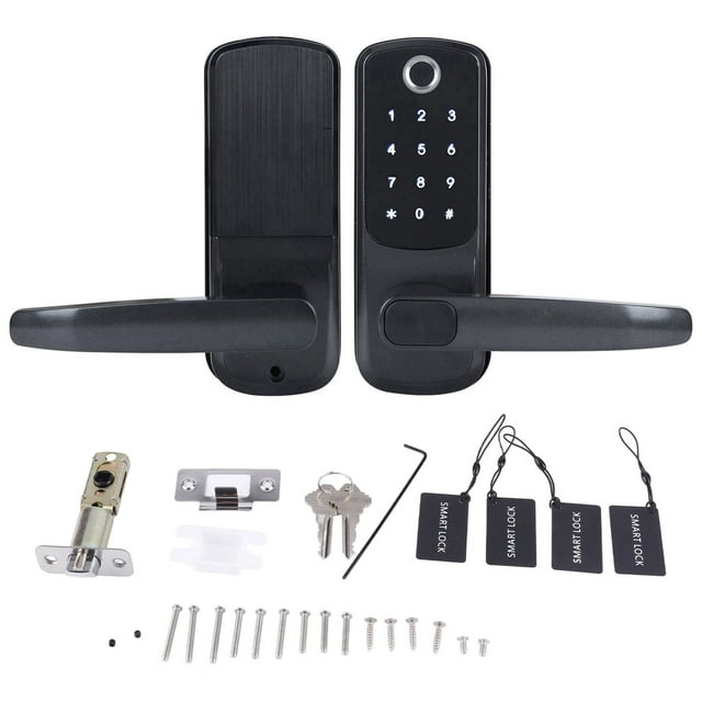 Cerradura de puerta biométrica con huella dactilar, Bluetooth, aplicación, contraseña y llave mecánica para control por voz.