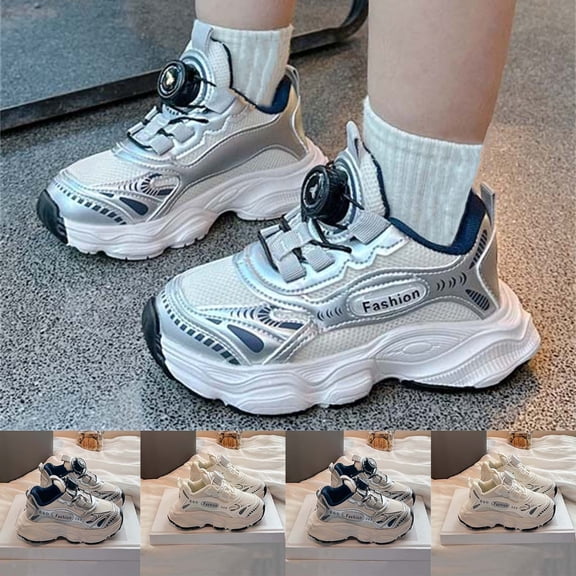THDHVS Boys Sneakers,Shoes for Boys,Fashion Boys' Athletic Shoes with Rotary Buckle and Breathable Flat Sole Outdoor Sneakers for School and Playground Silver 7.5-8 Years