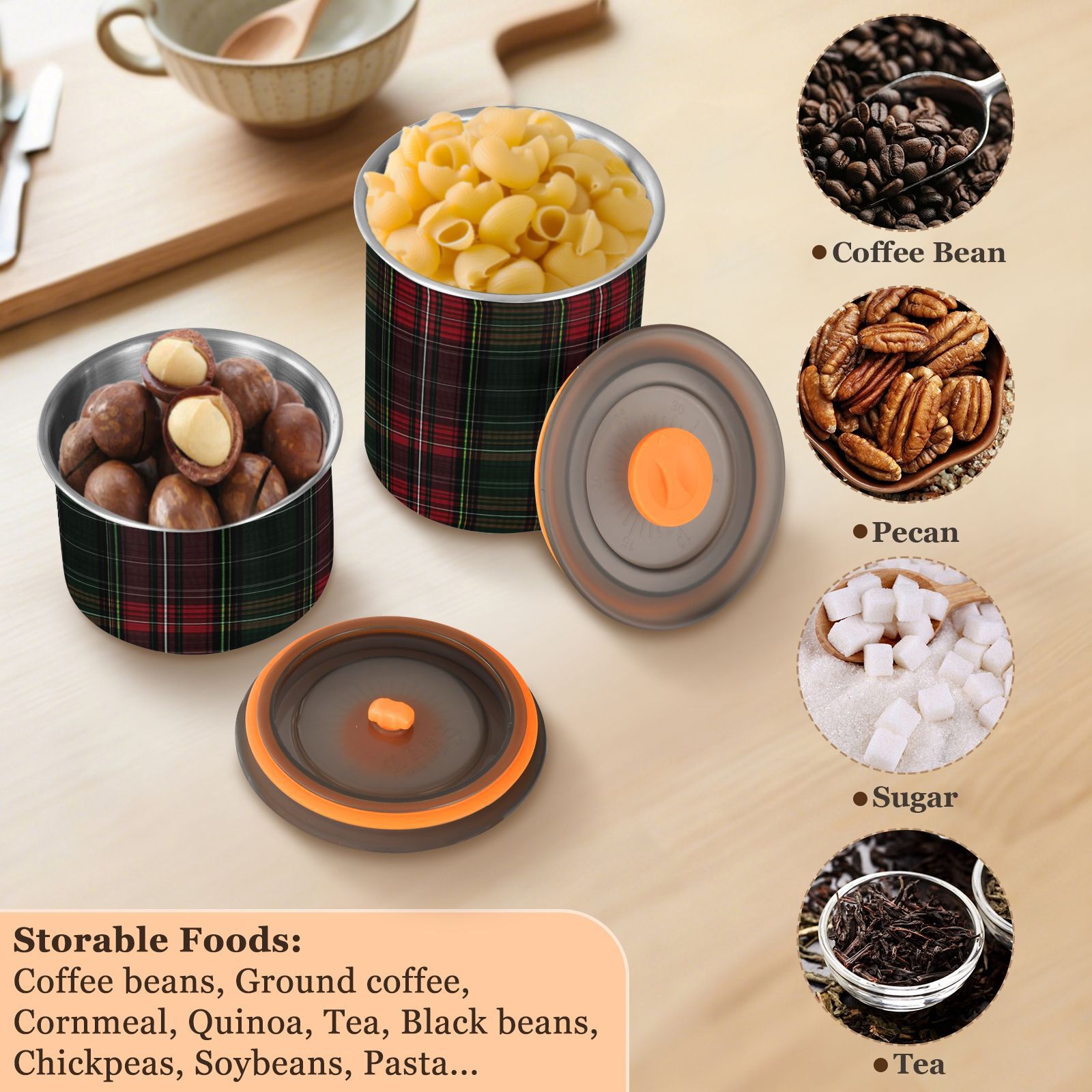 Green and Red Tartan Plaid Airtight Coffee Bean Canister 30oz Food Storage Containers with Lids For Gournd, Tea, Sugar, Flour, Rice, Cereal, Candy Cookie Jar