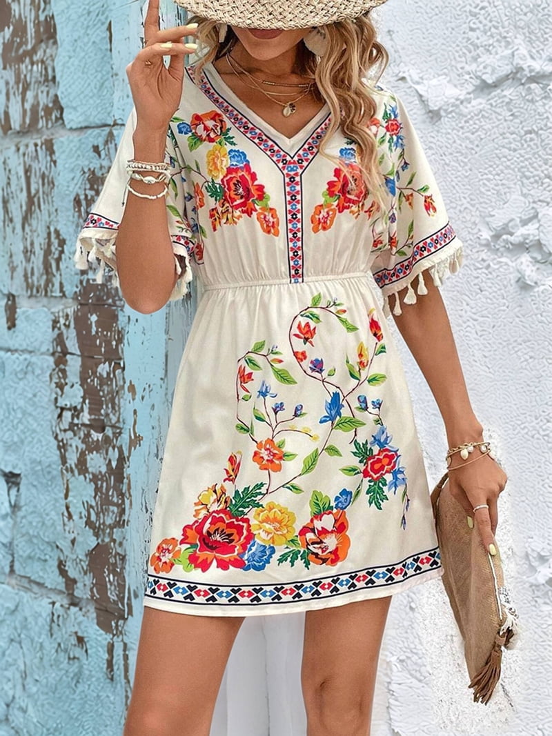 bohemian dresses xl Fiesta Embroidered Mexican Dress for Women Beach Vacation Plus Size Short Sleeve Summer Boho with Pocket Blue Size:L (42-44) ensuring you stay cool embroidered lace wedding dress Bridesmaids Nail the Wedding