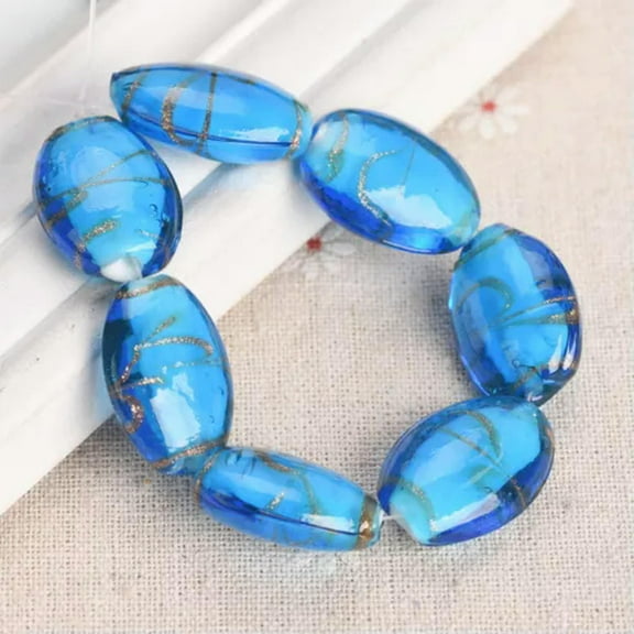 U8MO 5pcs 24x18mm Flat Oval Handmade Lampwork Glass Loose Beads for Jewelry Making-Lake Blue