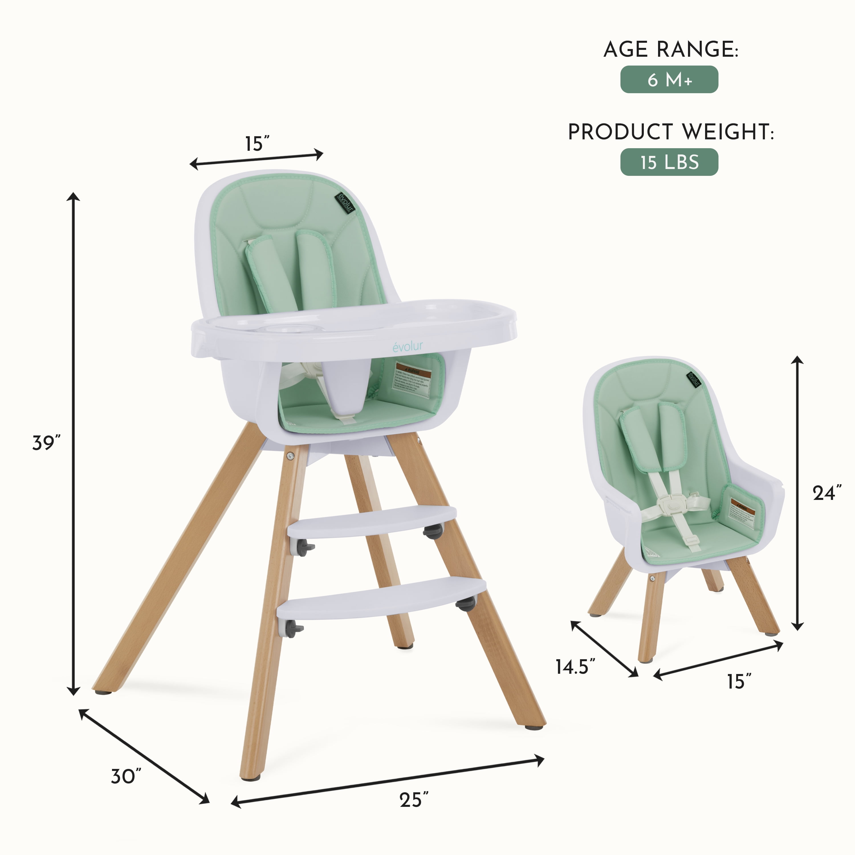 Evolur Zoodle 2-in-1 High Chair Booster Feeding Chair with Modern Design, Mint