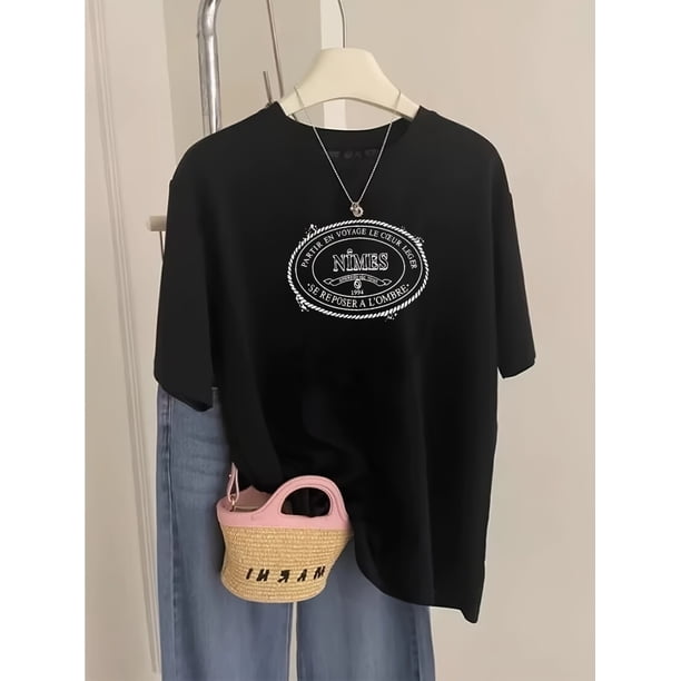 Women's Casual Short Sleeve T-Shirt with Slogan Print - Round Neck Regular Fit H-Silhouette Top for Spring Summer Fall, Versatile Casual Attire, Relaxed Weekend Outfit, Construction, Stylish Blouse