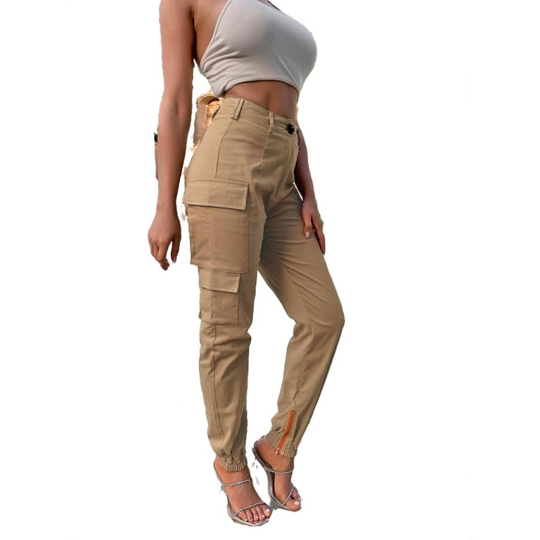 Womens Cargo Pants Pants Casual Zipper Fly High Waist Khaki L
