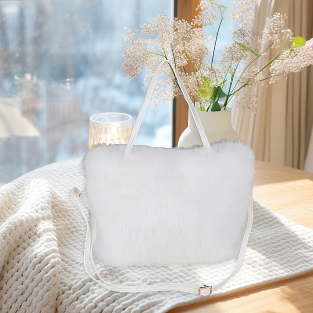 Bolso de mano de felpa para mujer, bolso de mano con asa superior suave para viajes, desplazamientos y vacaciones. Blanco