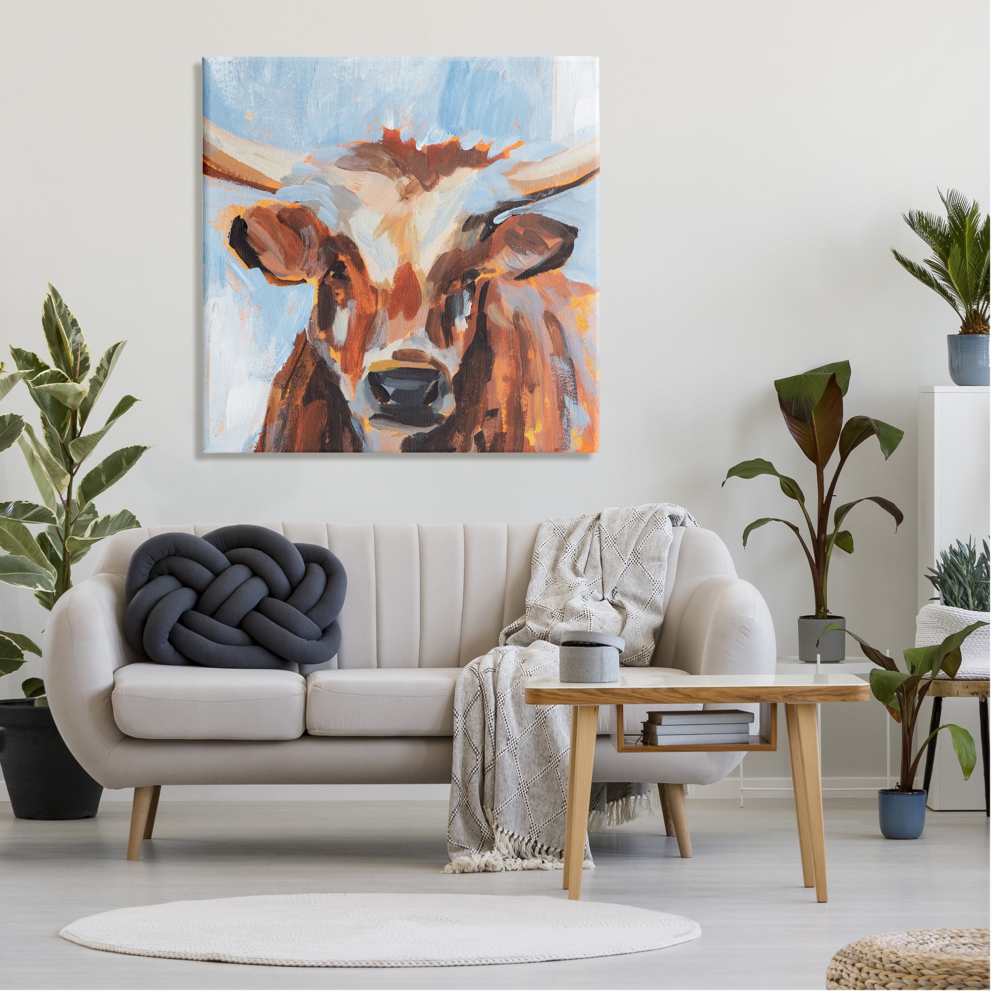 Stupell Industries Blue Modern Farm Cow Cattle Brushstrokes Painting Canvas Wall Art, 36 x 36, Design by Annie Warren