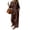 Brown, variant on Linen Blend Long Sleeve Button Down Set for Women, Notched Collar Shirt & Wide Leg Pants - Casual Solid Color Two Piece Lounge Outfit with Pockets Black L
