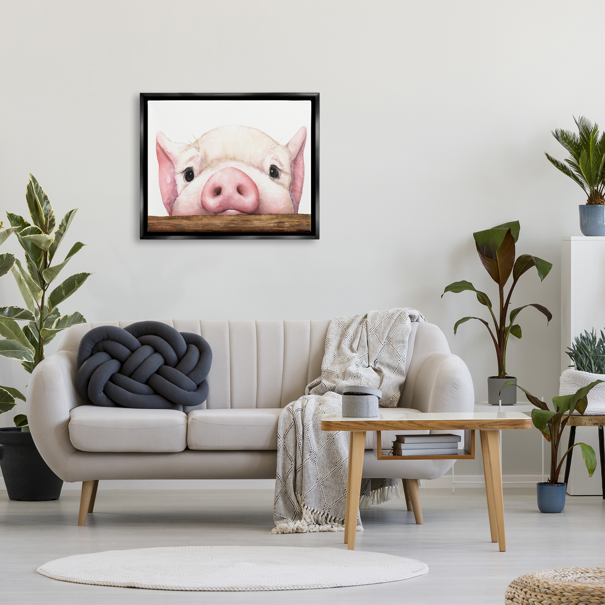 Stupell Industries Sweet Pink Pig Resting Snout Farm Animal Illustration Painting Jet Black Floating Framed Canvas Print Wall Art, Design by George Dyachenko