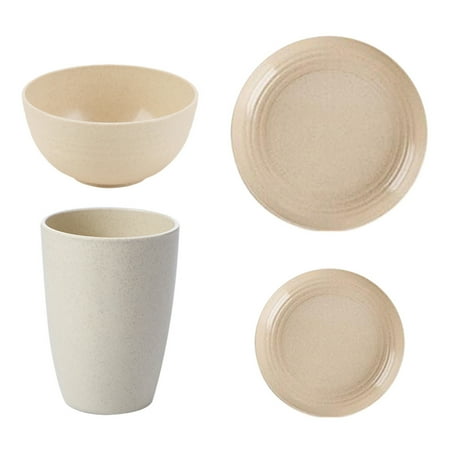 

4Pcs Wheat Straw Tableware Bowl Cup Plate Set Tableware Presents (Beige)